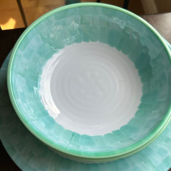 Set of 8 Sigrid Olsen 8" Melamine Bowls White Teal & 11”Dinner Plates - Picture 4 of 15